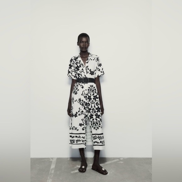Linen Blend Zara Shirt Dress Minimalist Black White Print Button Down Pockets XL - Picture 2 of 16